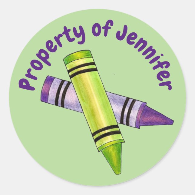 Sticker Rond Propriété de Crayon pourpre vert personnalisé (Devant)