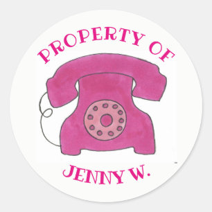 Sticker Rond PROPRIÉTÉ DU Téléphone Rotatif rose personnalisé