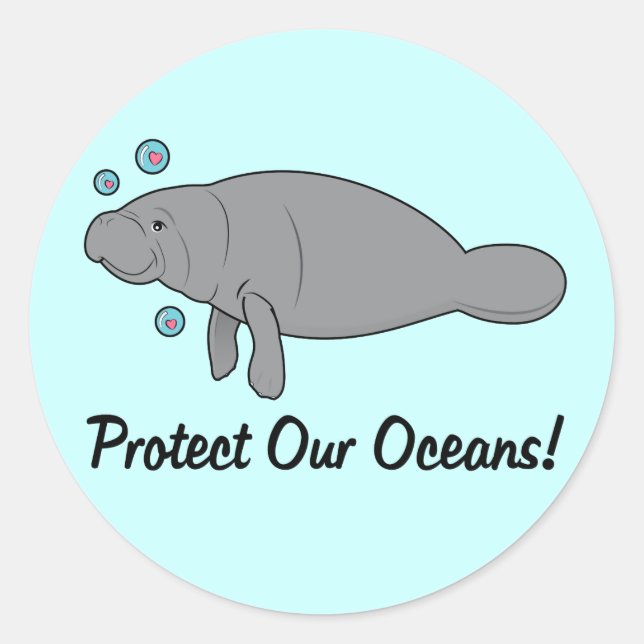 Sticker Rond Protéger nos océans avec du lamatée (Devant)