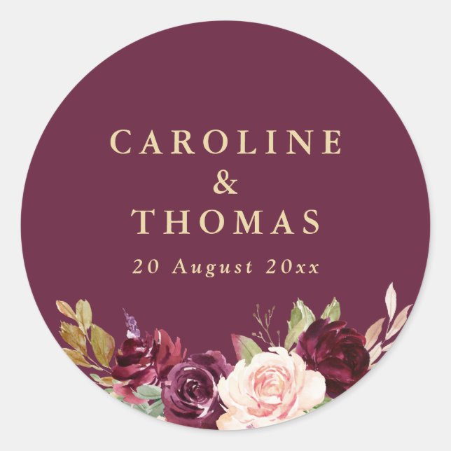 Sticker Rond prune violette & pêche mariage floral classique ro (Devant)