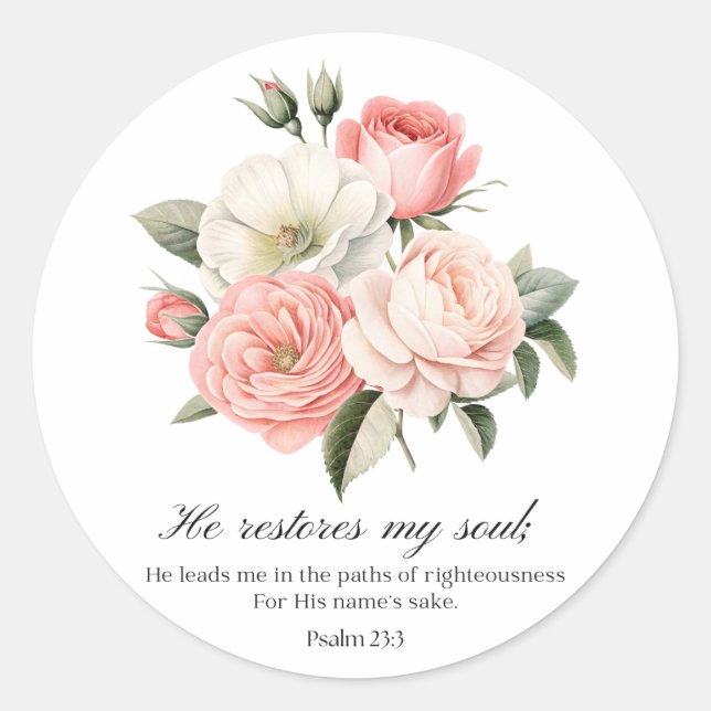 Sticker Rond Psalm 23:3 He Restores my Soul Flowers (Devant)