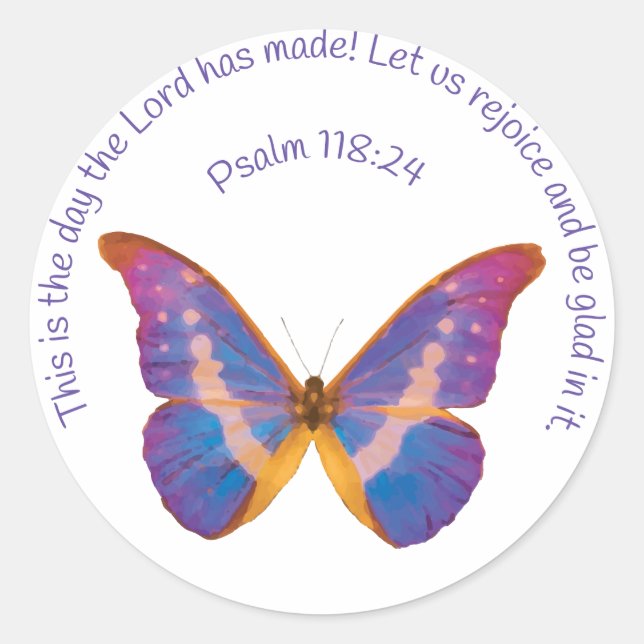 Sticker Rond Psaume 118:24 et papillon aquarelle (Devant)