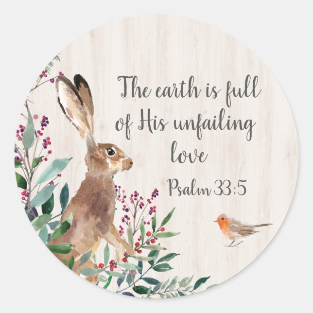 Sticker Rond Psaume 33:5 Lapin, Oiseau et Foliage (Devant)