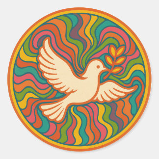 Sticker Rond Psychedelic Peace Dove Retro 70s Colorful Groovy 