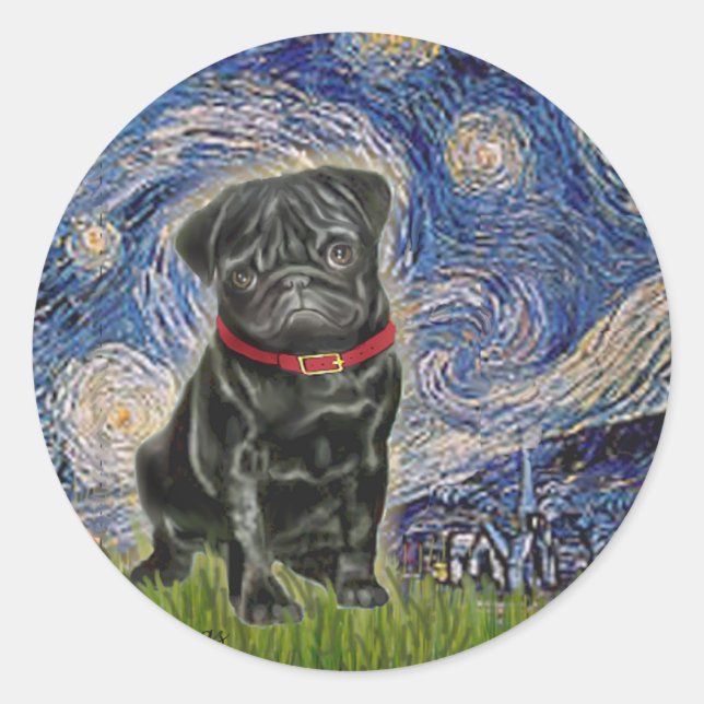 Sticker Rond Pug 13 (noir) - Nuit étoilée (Devant)
