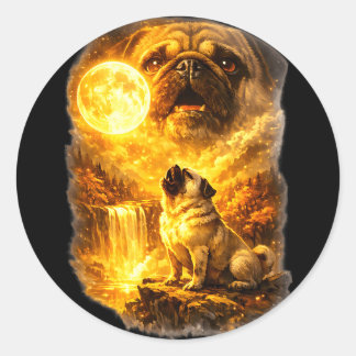 Sticker Rond Pug howling at moon epic forest fantasy 