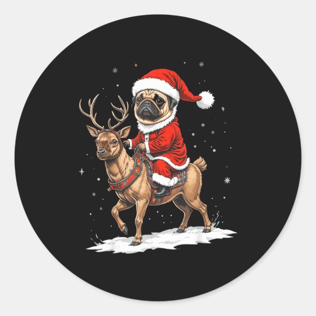 Sticker Rond Pug Santa Riding Reindeer Christmas Holiday Puppy  (Devant)