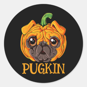 Sticker Rond Pugkin Pug Citrouille Halloween Action de grâce Ho