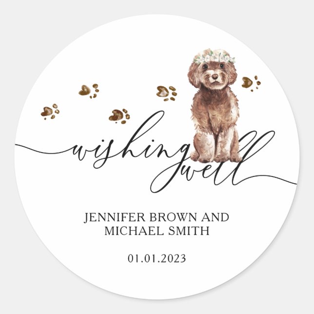 Sticker Rond Puits de vœux pour chiot Cavapoo marron (Devant)
