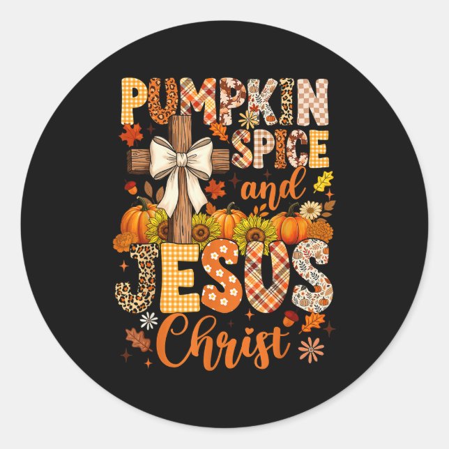 Sticker Rond Pumpkin Sce And Jesus Christ Funny Fall Christian  (Devant)
