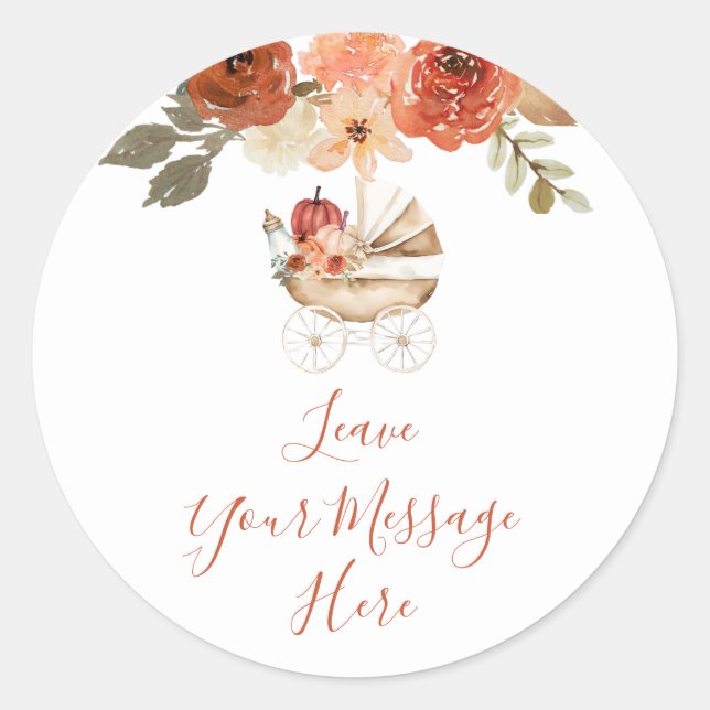 Sticker Rond Pumpkin Stroller Baby Shower Leave Your Message (Devant)