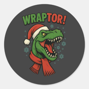 Sticker Rond Pun de Noël Wraptor T-Rex Dinosaure Drôle
