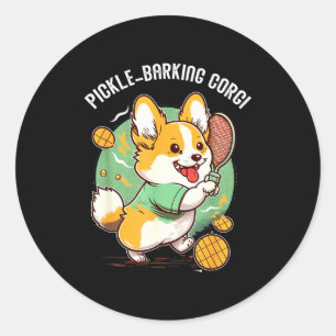 Sticker Rond Pun de pickleball drôle de chien corgi pour pickle