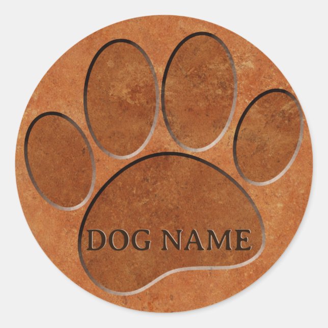 Sticker Rond Puppy Paw Faux Terracotta Imprimer Nom personnalis (Devant)