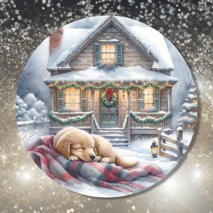 Sticker Rond Puppy s'endormir sur Festif avant Porche Noël