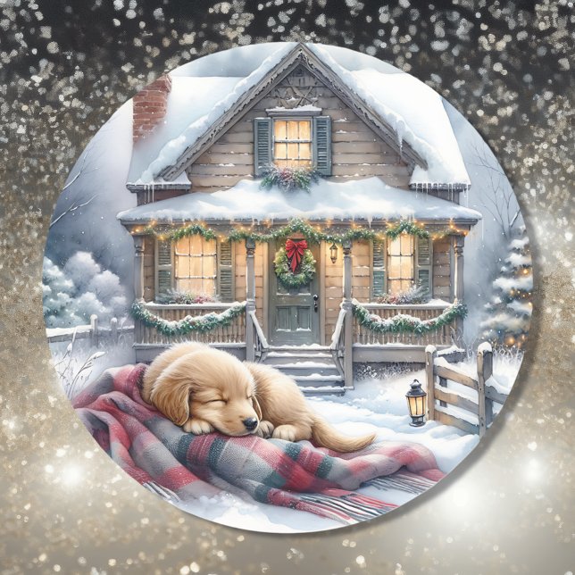 Sticker Rond Puppy s'endormir sur Festif avant Porche Noël (Créateur téléchargé)