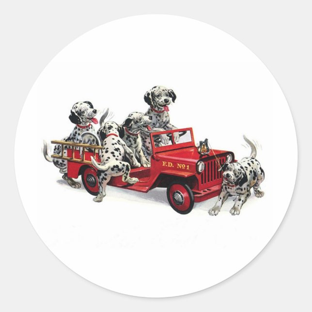 Sticker Rond Pups dalmate avec camion-feu (Devant)