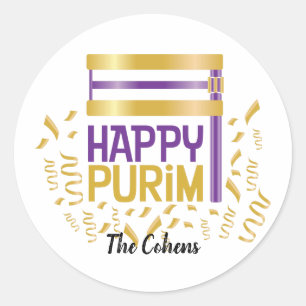 Sticker Rond Purim et Grogger joyeux de l'or pourpre