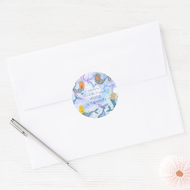 Sticker Rond Purmaid chat sirène aquarelle fille anniversaire (Enveloppe)