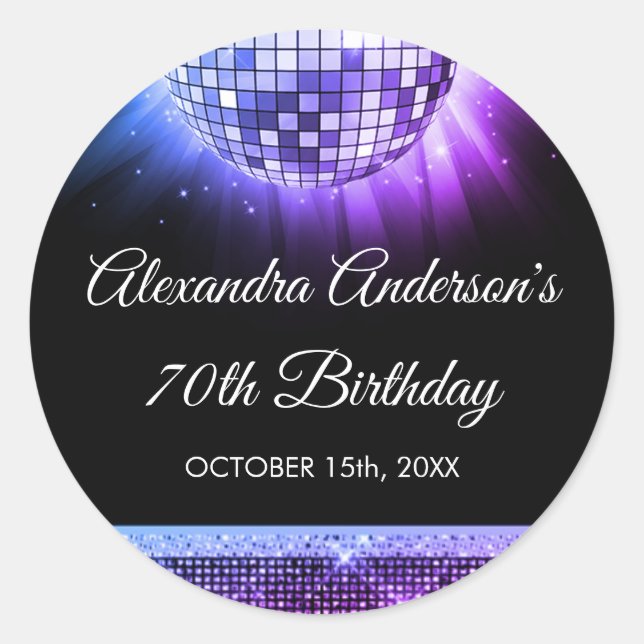 Sticker Rond Purple 70th Birthday Party 70's Disco Ball (Devant)