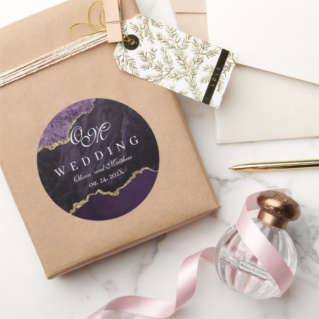 Sticker Rond Purple Agate & Gold Mariage Script Luxe (Cadeaux)