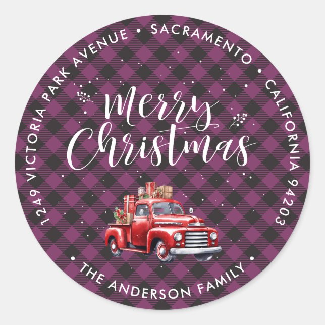 Sticker Rond Purple Christmas Classic Camion Rouge Adresse de r (Devant)