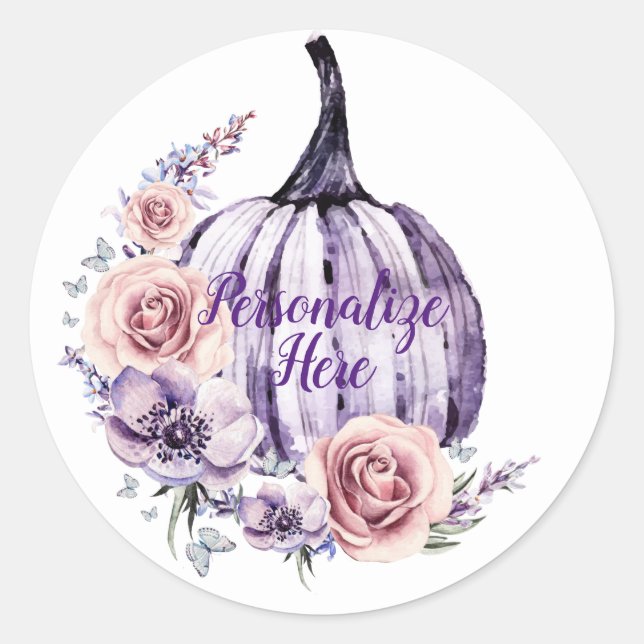 Sticker Rond Purple citrouille mignon fleurs automne fleurs (Devant)