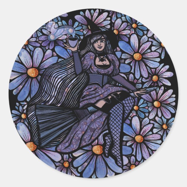 Sticker Rond Purple Coffee Witch Daisy Art (Devant)