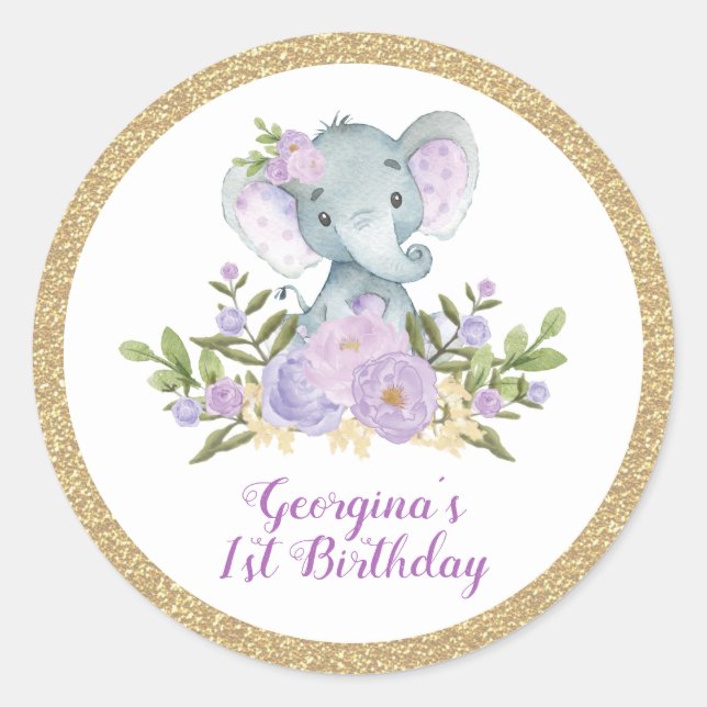 Sticker Rond Purple Elephant Lavande Or Merci Floral (Devant)
