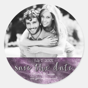 Sticker Rond Purple Faux Foil Glamour Chic Enregistrer La Date 