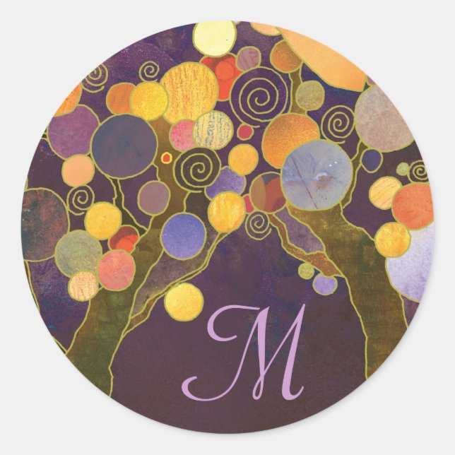 Sticker Rond Purple Love Trees Monogramme Mariage Faveur (Devant)