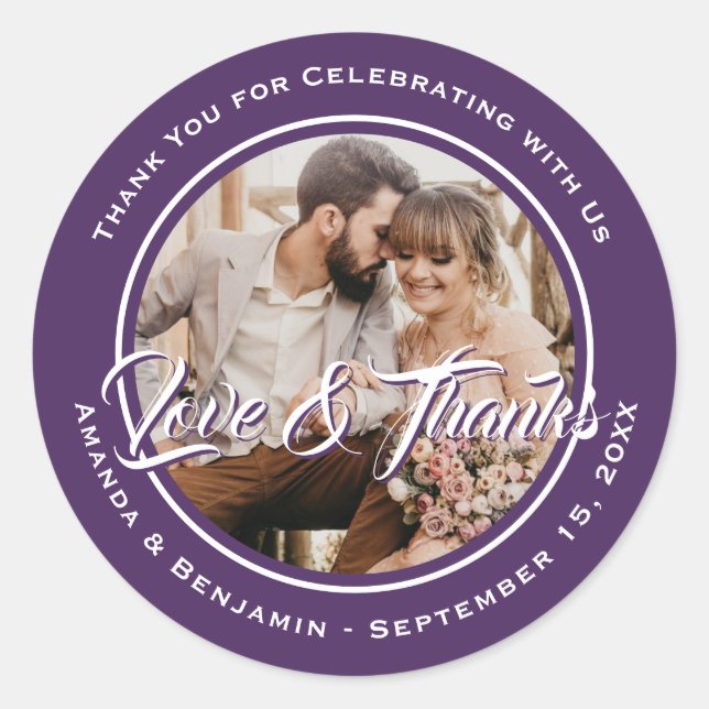 Sticker Rond Purple Modern Script Mariage Photo Favoriser (Devant)