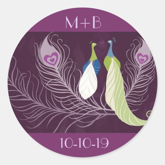 Sticker Rond Purple Peacocks paire Anniversaire Mariage personn (Devant)