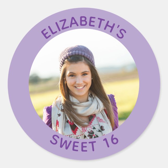 Sticker Rond Purple Photo Sweet 16 Anniversaire Favor (Devant)