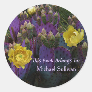 Sticker Rond Purple Prickly Pear Opuntia Cactus Fleurs Jaunes
