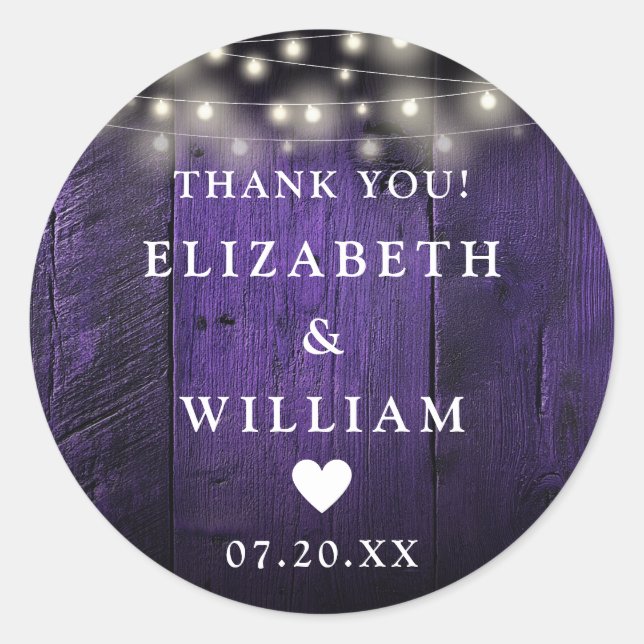 Sticker Rond Purple String éclaire Rustique Bois Mariage Faveur (Devant)
