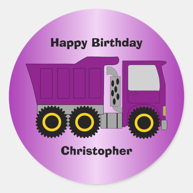 Sticker Rond Purple Truck Design Personalised Birthday (Devant)