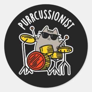 Sticker Rond Purr-cussionniste Funny Drummer Cat Pun Dark BG