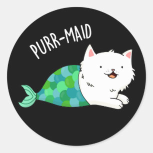 Sticker Rond Purr-maid Funny Kitty Chat Mermaid Pun Dark BG