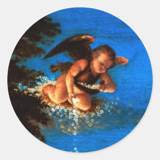 Sticker Rond Putto In Blue Sky déverse une cascade de fleurs bl (Devant)