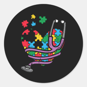 Sticker Rond Puzzle Coeur Stethoscope Sensibilisation sur l'aut