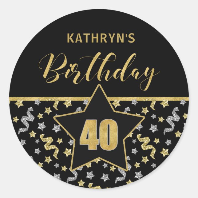 Sticker Rond Quarantième anniversaire Confetti noir et or (Devant)