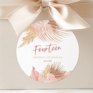 Sticker Rond Quatorze Fête d'anniversaire Bohème Rose Floral 14