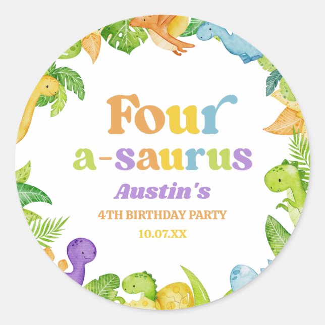 Sticker Rond Quatre A-Saurus Dinosaur 4e fête d'anniversaire (Devant)