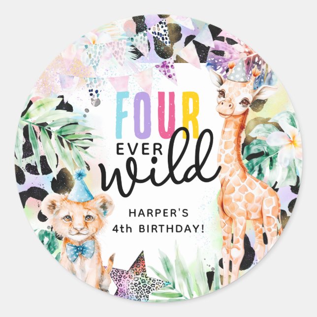 Sticker Rond QUATRE animaux sauvages Safari Animaux frais 4e an (Devant)