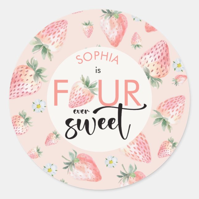 Sticker Rond Quatre anniversaire de enfant de fraise sucrée (Devant)
