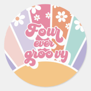 Sticker Rond Quatre fois groovy Retro Sunshine Rainbow Daisy