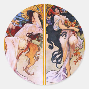 Sticker Rond Quatre Saisons par Alfons Mucha Art Déco Nouveau
