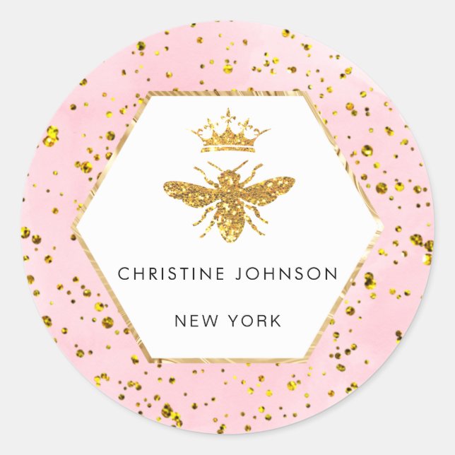 Sticker Rond queen bee faux parties scintillant rose aquarelle (Devant)