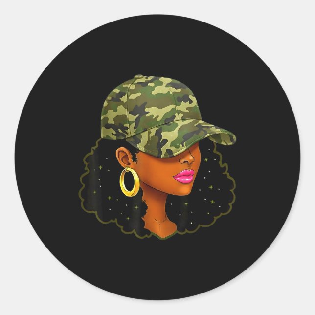 Sticker Rond Queen Black Woman With Camo Cap Locs African Ameri (Devant)